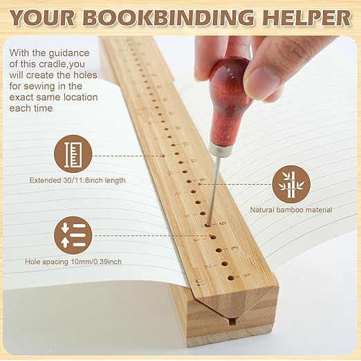 Book Binding Cradle, Wood Bookbinding Punching Cradle with an Awl, Bamboo Signature Punching Cradle with Piercing Guide 10 mm Hole Spacing, Portable Book Binding Tools Kits for Book DIY Crafts