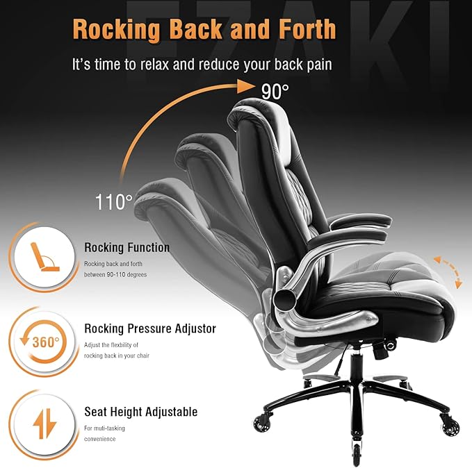 High Back Office Chair- Flip Arms Adjustable Built-in Lumbar Support, Executive Computer Desk Chair Work Chairs, Thick Padded Strong Metal Base Quiet Wheels, Ergonomic Design for Back Pain