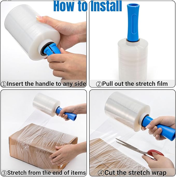 3 Pack 5" x 1000ft Clear Industrial Stretch Wrap Film, 100 Gauge Mini Plastic Wrap with Handle, Heavy Duty Stretch Film Roll, Thick Cling Pallet Wrap for Packing, Moving Supplies, Packaging