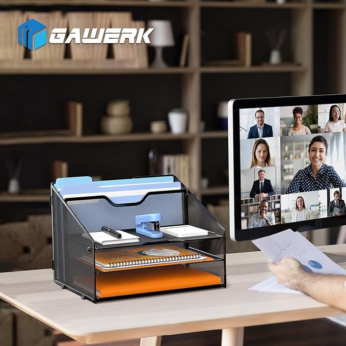 Letter Tray Organizer, Mesh Desk File Organizer with 3 Paper Trays and 2 Vertical Upright Section, Blank