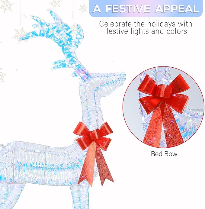 Hykolity 4.5FT 3D Pre-lit Iridescent Christmas Reindeers Family, 3-Piece Lighted Deer Set with 280 LED Lights, Stakes, Zip Ties for Indoor or Outdoor Christmas Decorations