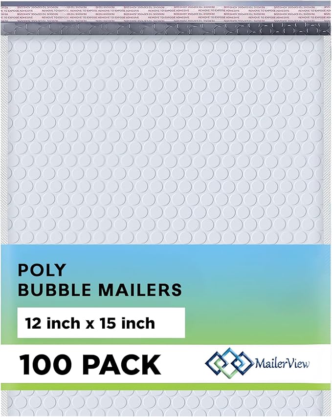 White Large Poly Bubble Mailers 12x15 inch | Self Seal Padded Envelopes Cushioned Bubble Mailer | Usable Size 12x15 | WaterProof | Lightweight mailing Shipping Bags | 100 Pack Bulk | USA Made