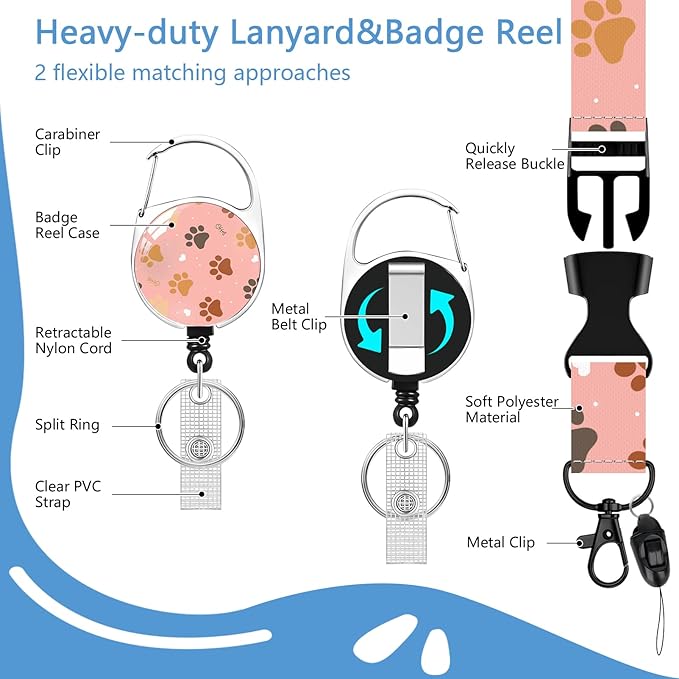 Puppy Paw Badge Holder Reel Lanyard,ID Card Badge Holder Retractable Name Tag Clips for Doctor Nurse Teacher Office Student