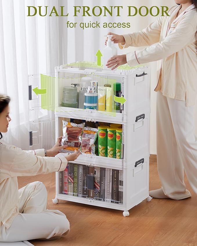 OlarHike 144QT Lockable Storage Bins with Lids - Folding Storage box with Doors and Wheels, Collapsible Plastic Bins for Closets, Stackable Organizer and Containers, Christmas Gifts, 3 Pack Cubes