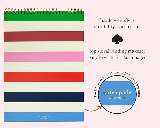 Kate Spade New York Large College Ruled Notebook, Top Spiral Notebook with 160 Pages, 11.75" x 8.5" Writing Pad, Adventure Stripe