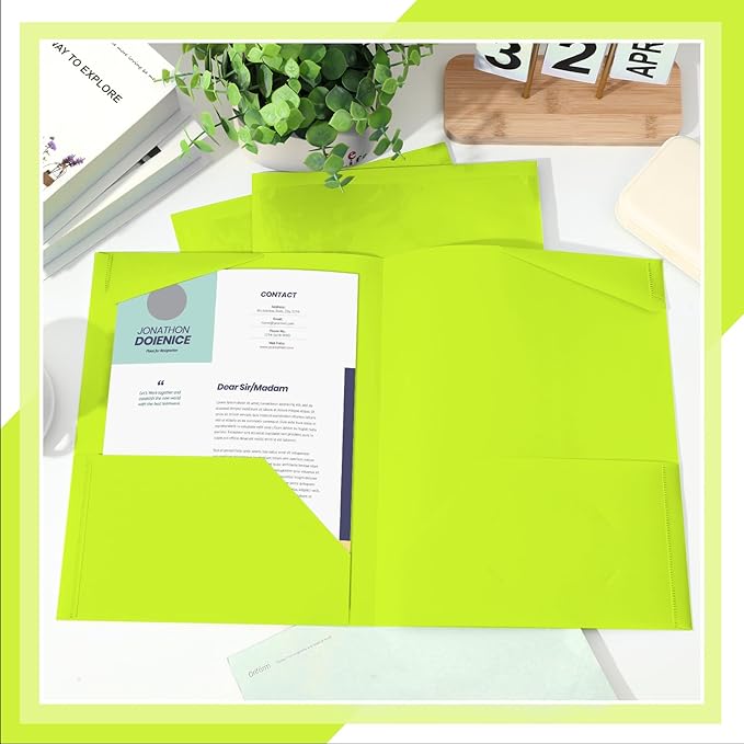 Henoyso 100 Pcs Plastic Folders with Clear Front Pockets Bulk Heavy Duty File Folders with 2 Pockets and Card Slot for Student Teacher Back to School Supplies Office Presentation (Fluorescent Green)