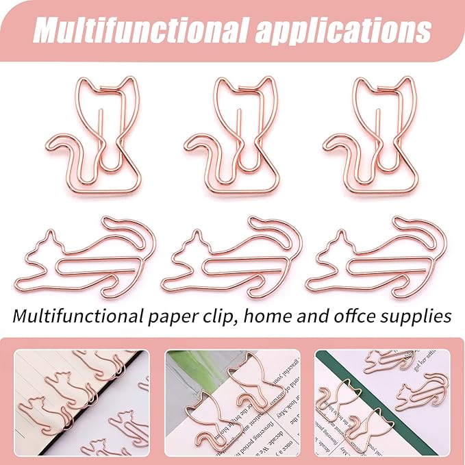 80 Pcs Rose Gold Cat Creative Metal Paper Clips - Fun Office Supplies for Cat Lovers (Rose Gold Catg)
