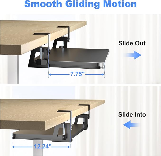 Keyboard Tray Under Desk Large C-Clamp 25.6” (30” Including Clamps) x 11.8” Slide-Out Platform Computer Drawer Pull Out Keyboard & Mouse Tray Black DSF4