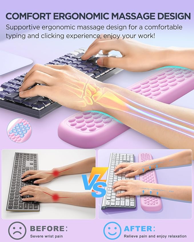 Lekvey Ergonomic Keyboard Wrist Rest - Memory Foam with Massage Points & Waterproof PU Leather Wrist Pad, Carpal Tunnel Support for Office Computer/Gaming, Typing Pain Relief, Easy-Clean（Pink）