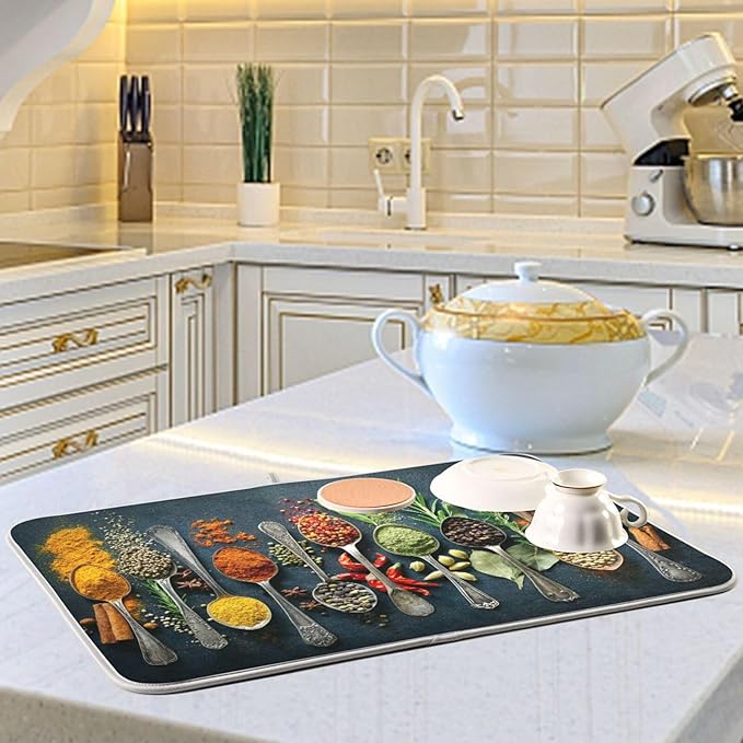 Cooking Herbs Spices Dish Drying Mat for Kitchen 16 X 18 Inches Dry Dishes Pads Mats Tableware Protector Countertops Counter Mat Home Decorations