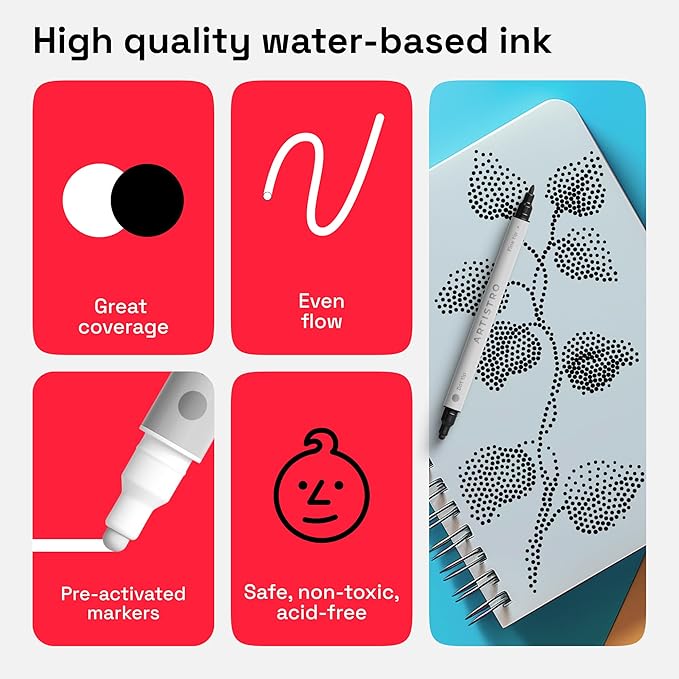 ARTISTRO 2 Black&White Dual-Tip Acrylic Paint Pens - Multisurface Markers for Fabric, Plastic, & More, 5mm Dot + 1mm Fine Tips