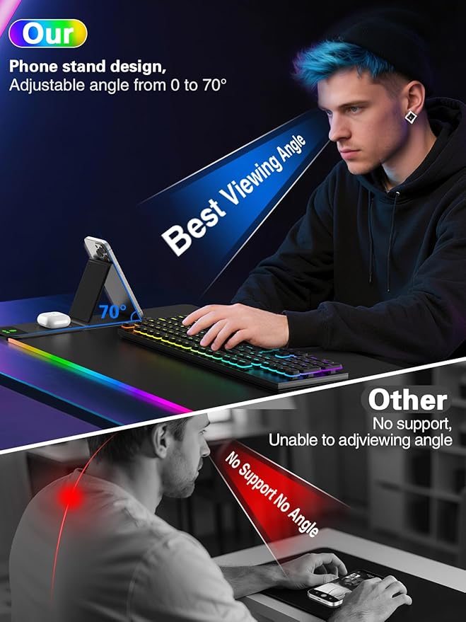 Mouse Pad with Foldable Phone Holder & Wireless Charger, XXL RGB Gaming Mousepad 31.5"x15.8" Large Desk Mat for Keyboard, Black Desk Pad with Dual Qi Charging Station | 11 Colors 5 Modes | Waterproof