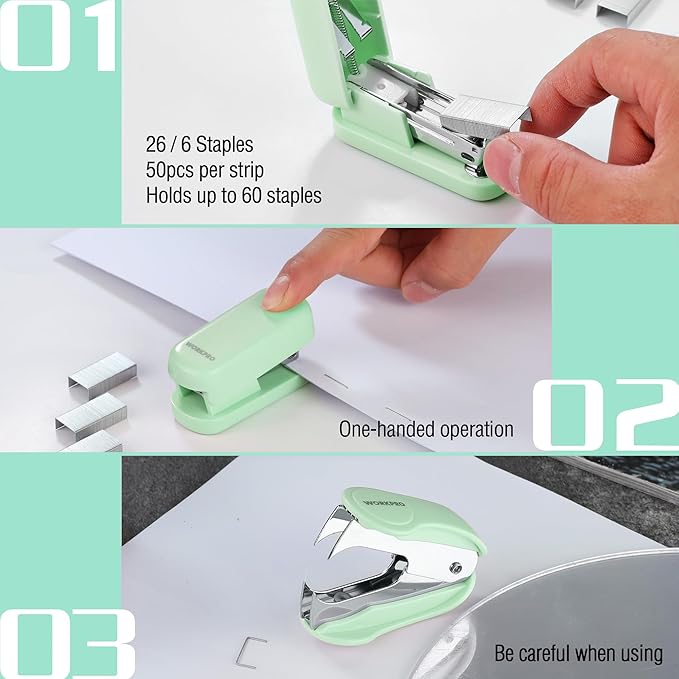 WORKPRO Small Stapler with Staples, Green Stapler Set Includes Two Mini Staplers, One Staple Remover, 2000 Standard Staples - Cute Staplers for Desk with Non-Slip Base, Lock Design, Portable