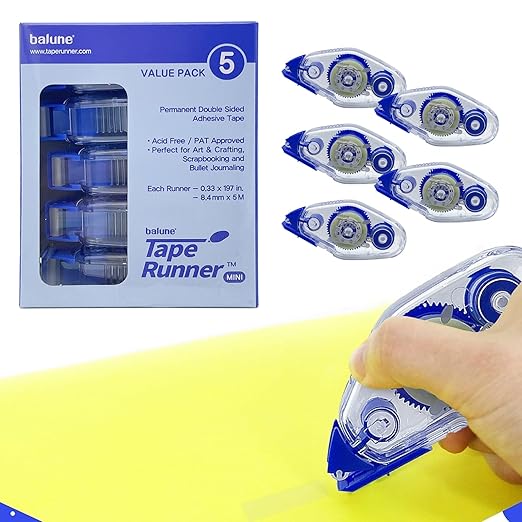 TAPE RUNNER - Double Sided Adhesive with Dispenser Roller Included - Acid Free, Sticky, Clear & Transparent - Ideal for Scrapbooking, Crafts & More - Mini (197 inches per Cartridge), 5 Cartridges