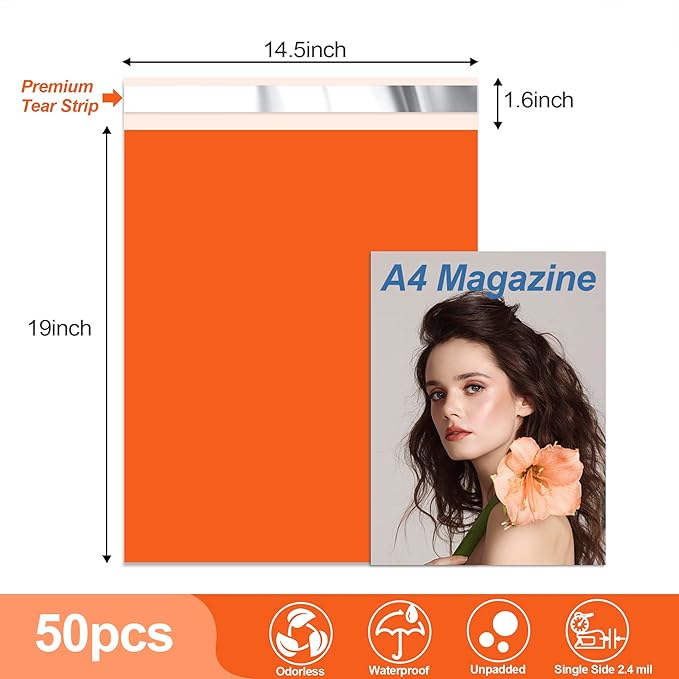 JinRuiKJ Thank You Poly Mailer 14.5x19 Inch 50 PCS, Shipping Bags for Clothing, Packaging Bags for Small Business, Strong Adhensive, Waterproof and Tear-Resistant Mailing Envelopes, Orange