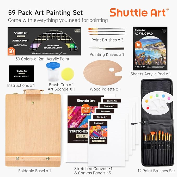 Shuttle Art Acrylic Painting Set, 59 Pack Professional Painting Supplies with Wood Tabletop Easel, 30 Colors Acrylic Paint, Canvas, Brushes, Palette, Complete Painting Kit for Kids, Adults, Artists