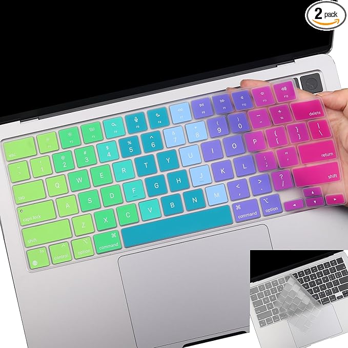 2 Pack Keyboard Cover for 2025-2021 MacBook Pro 14" 16" M5 M4 M3 M2 M1 Pro/Max, 2025-2023 MacBook Air 13" 15" M4 M3 M2, Ultra Thin Keyboard Skin for 14.2" 16.2" MacBook Pro /13.6" 15.3" US-Rainbow
