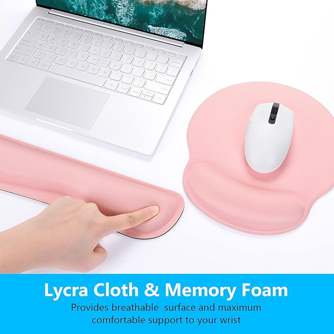 Dapesuom Keyboard Wrist Rest and Mouse Pad with Wrist Support, Memory Foam Cushion for Keyboard and Mouse Set, Ergonomic Desktop Pad Rests with Non Slip Base for Easy Typing & Pain Relief, Rose Pink