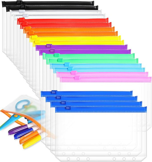 40 Pieces 6 Ring Binder Zipper Pouch, 6 Hole Binder Pockets with Zipper Bulk Folders A6 Plastic Pouch Colorful Loose Leaf Bags Waterproof PVC Document Filing Bag