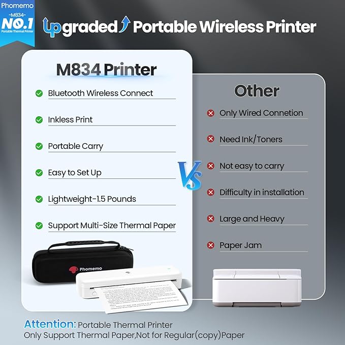 Phomemo Portable Printers Wireless for Travel [Upgraded],M834 Bluetooth Thermal Printer 8.5" x 11"& A4 Size,Inkless Mobile Printer with Carry Case for Travel,Office,School,Car,Home,White