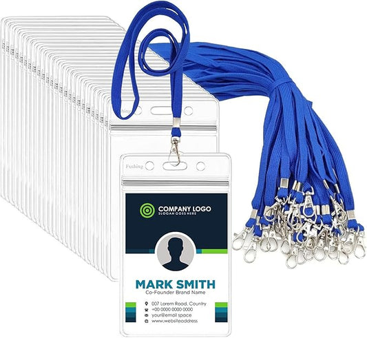 Fushing 50pcs Clear Plastic Vertical Name Tags Badge ID Card Holders and Blue Neck Lanyards with Swivel Hook for School, Festival, Event (XL)