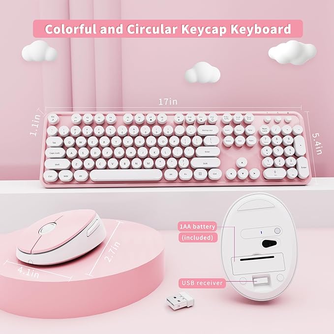 Wireless Keyboard and Mouse Combo, Ergonomic Full Size Typewriter Retro Round Keycaps Keyboard, Compatible with Windows, PC, Perfer for Home and Office Keyboards (Lovely Pink)