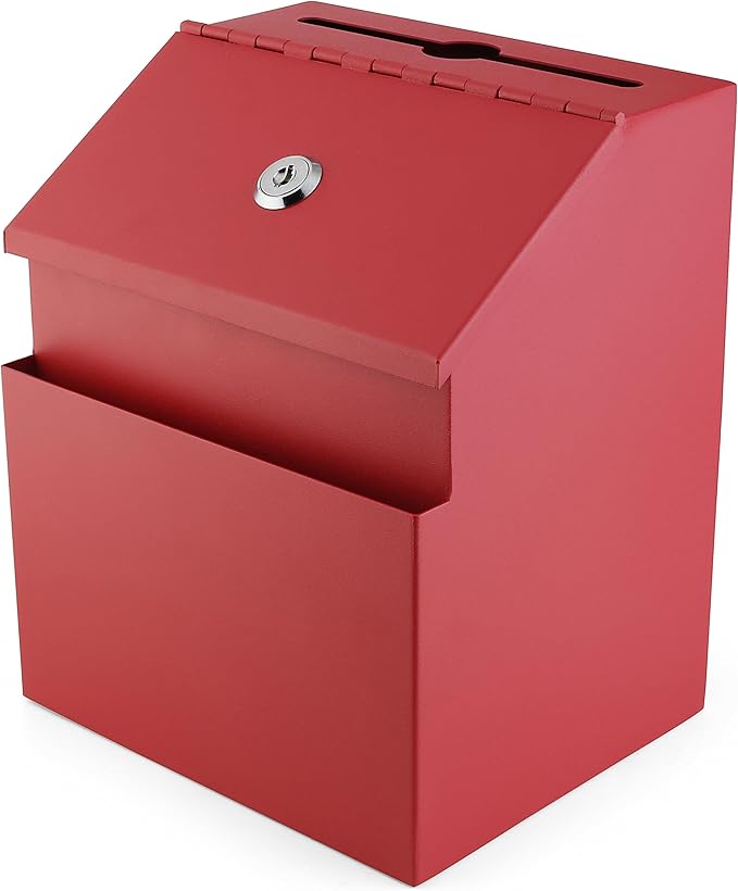 Suggestion Box with Lock and keys, Metal Wall Mounted Ballot Box, Iron steel Donation and Collection Drop Box 8.5" H x 6" W x 7" L with wide 5.5" Slot and front sheet holder (Red)