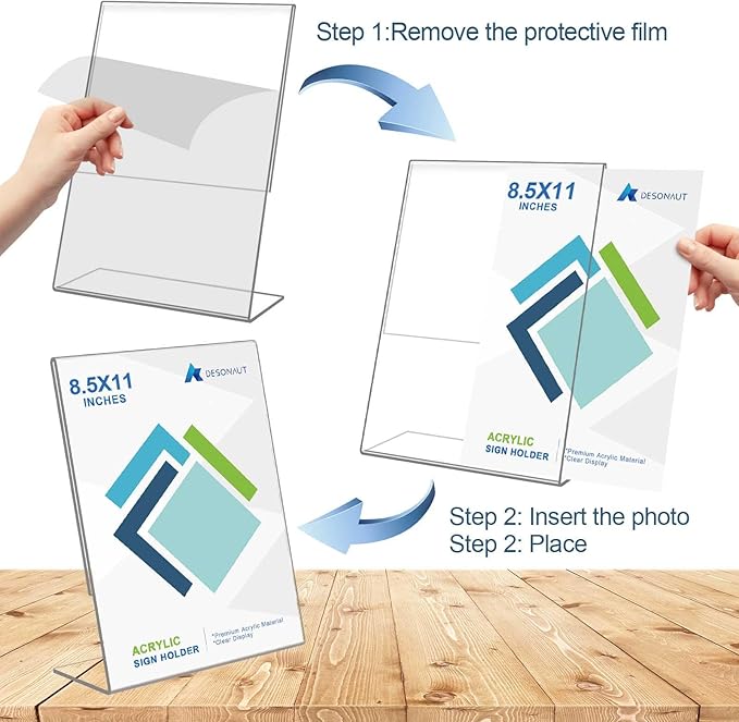 8 Pack Acrylic Sign Holder 8.5x11 inches, Plastic Clear Sign Holder with Vertical Slanted Back, Picture Photo Flyer Document Paper Frames Display Stand