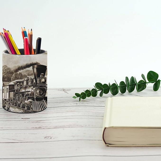 Vintage Steam Train Pen Holder Pencil Organizer Cute Pencil Cup Desk Decor Makeup Brush Holder PU Multifunctional Office Suppliesfor Home Classroom School