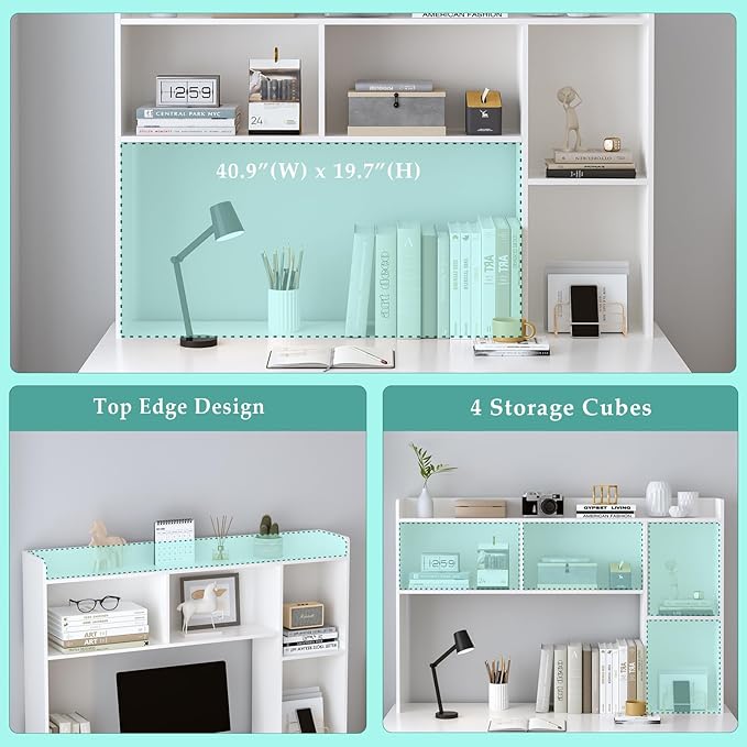 Wooden Desktop Hutch Bookshelf - Free Standing Desk Storage Shelf with Top Edge for Computer Desk, Desktop Bookcase for Dorm, Home or Office, Countertop Organizer, White, 53.2"