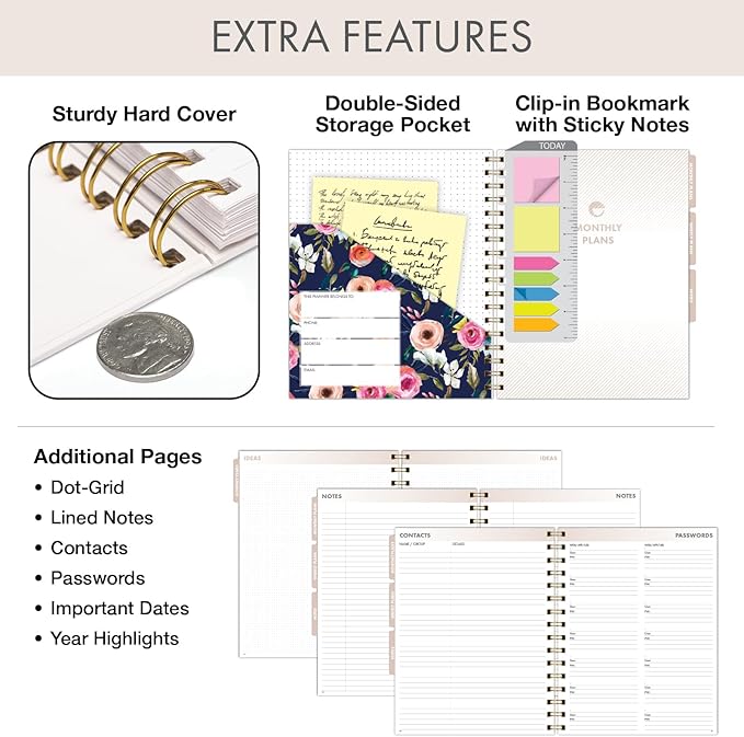ESSENTIAL PRO Undated Daily, Weekly & Monthly Planner,Monthly Tabs,Daily Tracking,Notes Pages,Storage Pocket,Bookmark w Sticky Notes (Small Navy Floral)
