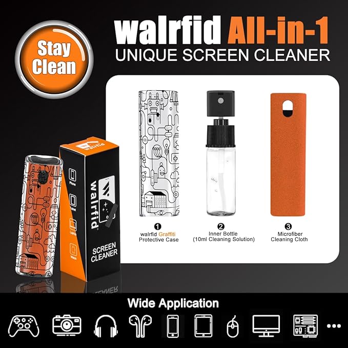walrfid Car Screen Cleaner, Computer Screen Cleaner Spray and Wipe, Laptop Cleaning Mist Kit for Electronic iPad, iPhone, Phone, MacBook, TV, Tablet Display, with Graffiti Case