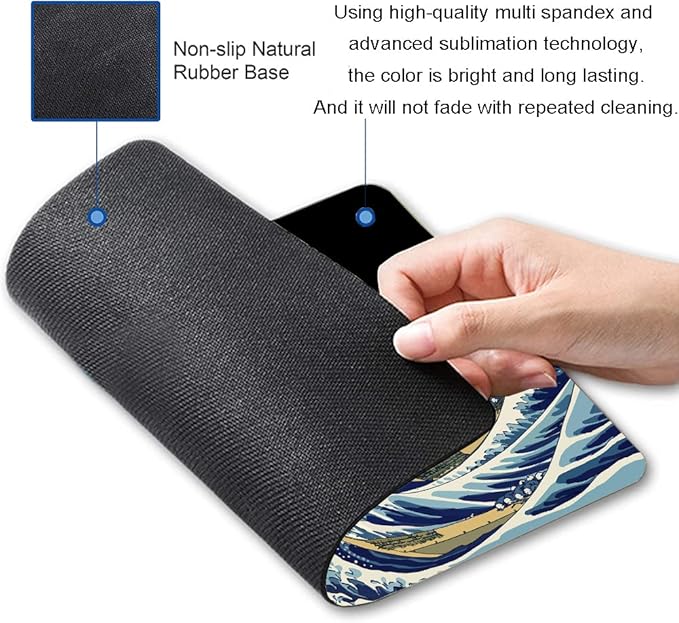Mouse Pad, Japanese Sea Wave Design Mouse Pad, Washable Square Cloth Mousepad for Gaming Office Laptop, Non-Slip Rubber Computer Mouse Pads for Wireless Mouse, Cool Mouse Pads for Desk