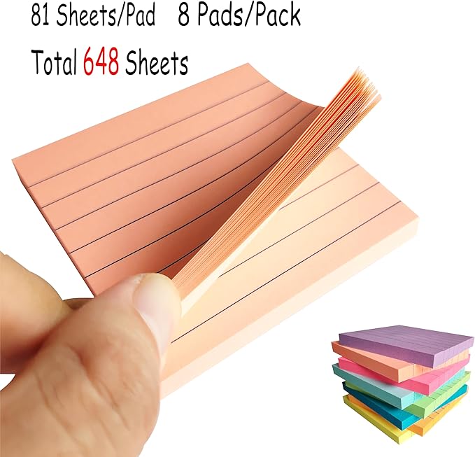 Lined Sticky Notes 3x3 Inches(8 Pads/Total 648 Sheets), 8 Bright Colors Sticky Notes with Lines, Ruled Post Stickies, Colorful Super Sticking Power Memo Pads, for Office, Home