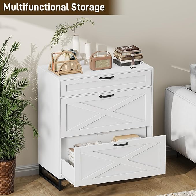 File Cabinet 3 Drawers Lateral File Cabinet for Letter/Legal/A4 Size Hanging Files, Large Wood File Storage Cabinets Printer Stand for Home Office, White and Black