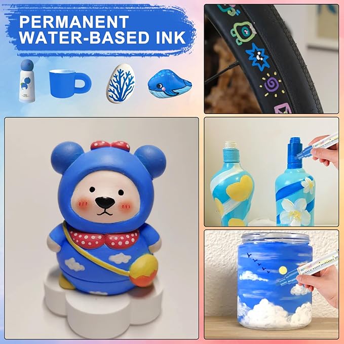 Paint Markers Paint Pens - 2 Pack Dual Tip Acrylic Permanent Marker (0.7mm & 3mm), Non-Toxic, Water-Based for Art Painting, Stone, Ceramic, Glass, Wood, Fabric, Metal, DIY Crafts (Blue)