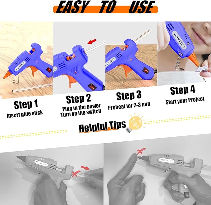 MONVICT Hot Glue Gun Kit, Mini Glue Gun with Carrying Case,20 Pcs Premium Glue Sticks, 10 Pcs Wood Craft sticks, Fast Preheating Hot Melt Glue Gun for School Crafts DIY Arts Gift (Blue, 30Watts)
