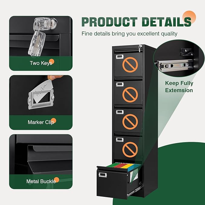 Letaya 5 Drawer File Cabinet with Lock,Metal Office Filing Cabinets for Home Office- Storage A4/F4/Letter/Legal -Assembly Required (Black)