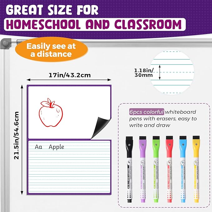 KIKIGOAL 21.5"x17" Magnetic Draw and Write Paper,Dry Erase Handwriting Lined Paper for Classroom Whiteboard, Writing Chart Page Teacher Must Have Homeschool Teaching Supplies (Draw and Write)