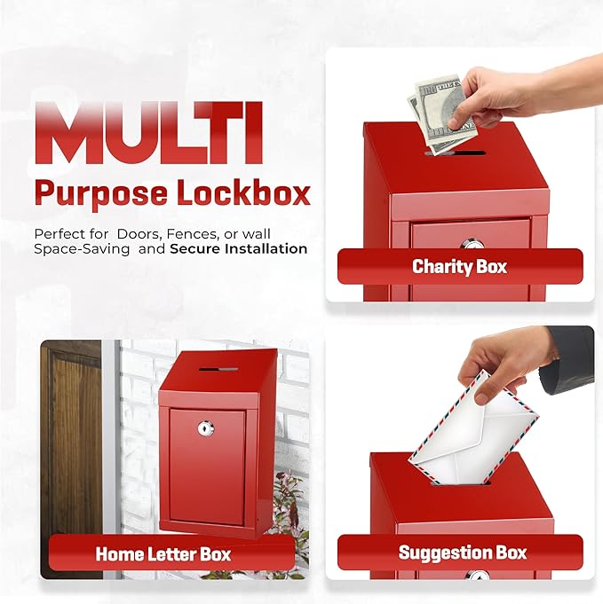 Metal Donation Box-Suggestion Box with Slot and lock-Cash Lock box for Money-Secure Drop Box-Comment and ballot voting box-comes with pre-drilled holes for easy wall mounting 10 X 6 X 2.5"(Red)