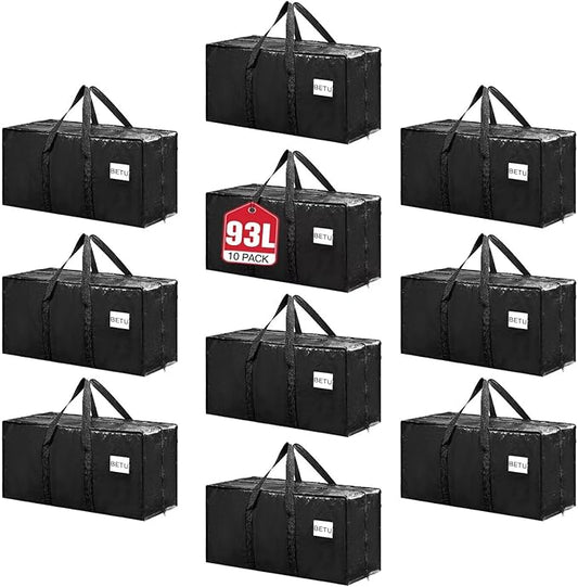 BETU Extra Large Moving Bags Heavy Duty Storage Bags with Zipper Handles, 10 Pack Clothes Storage Totes Bins Packing Moving Boxes, Moving Supplies for College Dorm Essentials, Space Saving, Black