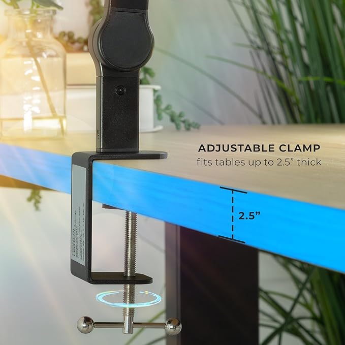 Mount-It! LED Desk Lamp with Adjustable Swing Arms and Clamp Base, Touch Control, Stepless Dimming, and 5 Color Temperatures, Eye-Caring Lighting for Work, Study, and Crafting