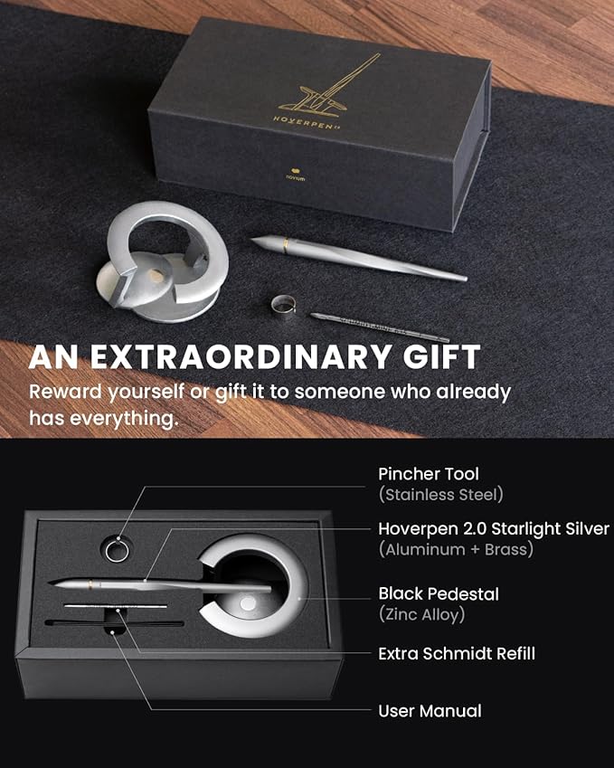 novium Hoverpen Interstellar - Luxury Pen Made With Aerospace Alloys, Unique Aesthetic, Free Spinning Executive Pen, Desk Decor (Starlight Silver, 18K-Gold)