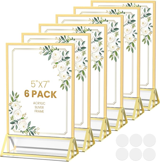 Acrylic Sign Holder 5X7 Gold Picture Frame Double-Sided Acrylic Frames for Wedding Table Numbers Photo Frames Flyers Menu with Removable Sticky Dots-6 Pack