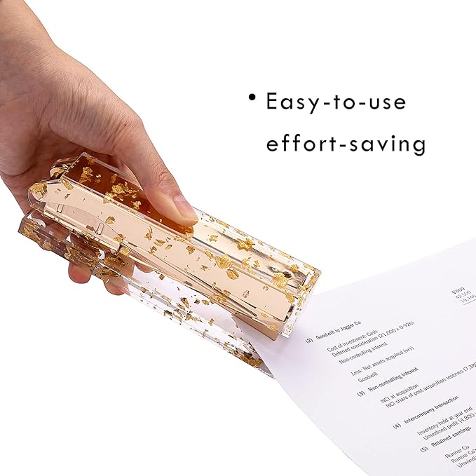 Acrylic Stapler Gold Leaf with 25 Sheets Capacity and Hold 100 Staples, Gold Stapler and Staple Remover Set Palm Size and high Comfort, Stylish Desk Accessories for Classroom, Office Supplies, Home