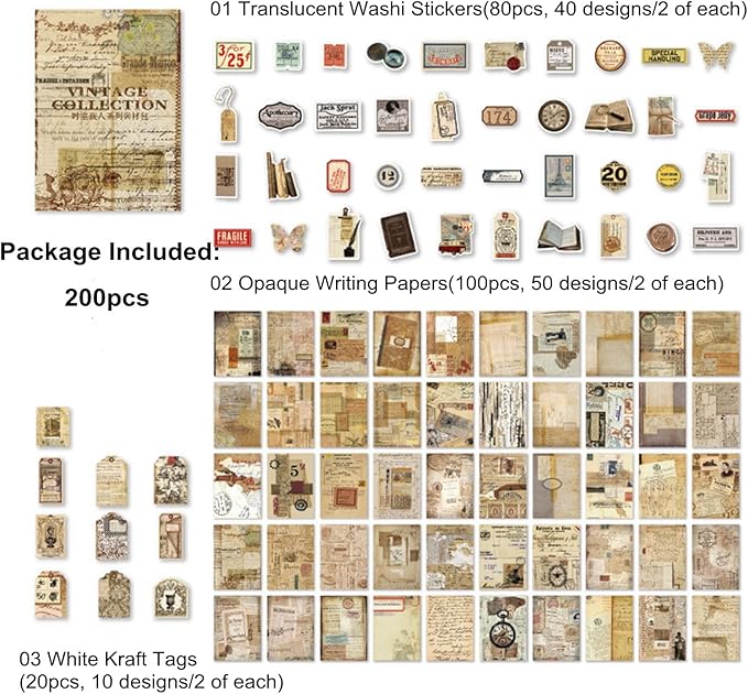 200PCS Vintage Scrapbooking Supplies Pack, Aesthetic Scrapbook Sticker Paper Art Journaling Kit for Bullet Junk Journals,Planner,Cottagecore Decor Gifts (Retro Letters)
