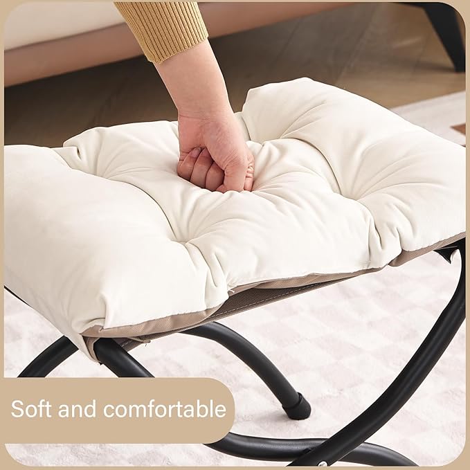 LITA 2 Pcs Folding Upholstered Footrest Stool, Modern Small Portable Accent Ottoman with Detachable Thick Cotton Cushion, Padded Sofa Stool with Metal Frame, Living Room & Bedroom,Velvet Beige