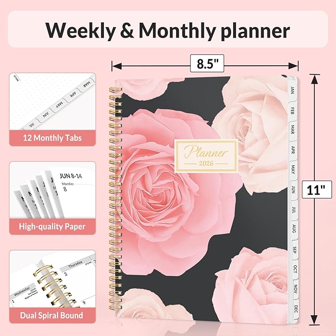 SUNEE Planner 2026 Weekly and Monthly, January 2026-December 2026, 8.5"x11", Tabs, Note Pages,Spiral Binding, Colorful Flowers
