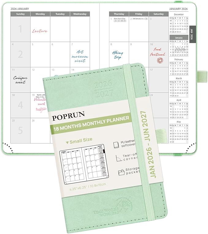 POPRUN Pocket Monthly Planner 2026-2027 (Pocket- 4''x 6.25'' Soft Leather Cover) - 18 Month Calendar Book for Purse (Jan.2026 - Jun. 2027), 100 GSM Thick Paper - Green