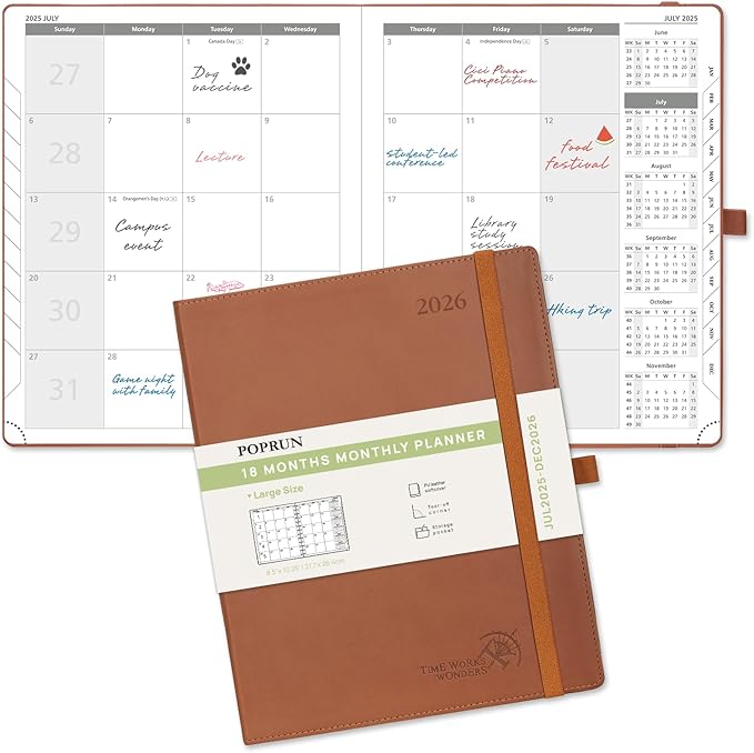 POPRUN Monthly Planner 2025-2026 (Large- 8.5" x 10.5" Soft Cover), 18-Month Calendar Book (Jul.2025-Dec.2026), Calendar Planner with Monthly Tabs & Pocket, 100 GSM Paper - Brown